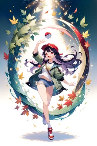 pokemon ,girl, Highly detailed, high quality, masterpiece, beautiful, dark purple hair, long hair, hair:1. 2, pink eyes,  laughing, full body, dancing pose,  smile, red cap on. green jacket, hold poke ball, pokeball in hand, leaves 