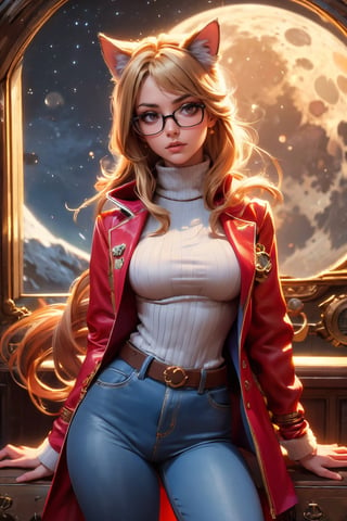 portrait of a Pink blonde young girl in 3d cartoon and steampunk style, Cute girl, black hoodie, glasses, close up, 3D, cute, A lot of depth, Bokeh, Hyper detailed, Fun, road on moon, moon to city background, moon, full moon,night, city, moon material, moon pictures, hand painted moon, month, building, sky, bright moon, road, mid autumn festival, yellow moon, night sky, space, moonlight, window, star, round moon, moon illustration, fifteen moon, beautiful moon, bright, Balmain Blazer, Pink Turtleneck Sweater, Zara Blue Jeans, Chanel Bag, Saint Lauren Pink Pumps, Cat Eye Sunglasses, J.Crew Earrings, princess walt disney, steampunk , exquisite, A lot of depth, Bokeh, 1girl, solo, minigirl, realistic, powerful appearance, Raised Gradient Vortex Cool Technology