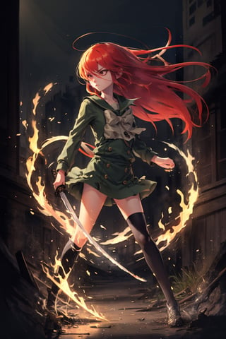 ((masterpiece)),best quality,absurdres,midjourney,1 girl,shanared,red hair, red eyes,angry expression,school_uniform,flat chest ,narrow waist,thighs,(KatanaOneHand:1.2),(holding the katana on the right hand:1.2),(basic grip:1.2),blade right hand,good hand,perfect blade,blade down,(flaming blade:1.2) ,long straight blade,full body,ruins,glow,sunlight,((anime style,2D)),