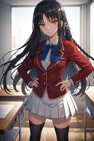 ((8k,masterpiece, best quality, highres)), aasuzune, long hair, black hair, (single braid:1.2), hair ribbon, red jacket, blazer, blue bowtie, long sleeves, white skirt, black thighhighs, , standing, indoors, crossed arms, serious, braid, classroom