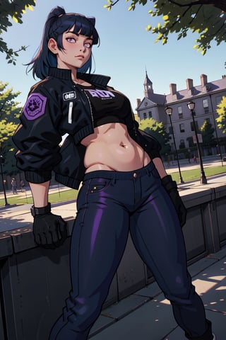 A young woman, curvy body, full_body, dark blue hair, medium hair, bangs hair, high_resolution, black_eyes, black punk jacket, purple pants, black socks, black gloves, in a park, masterpiece, 4K, perfect legs, perfect arms, perfect hands, perfect feets, high detailed