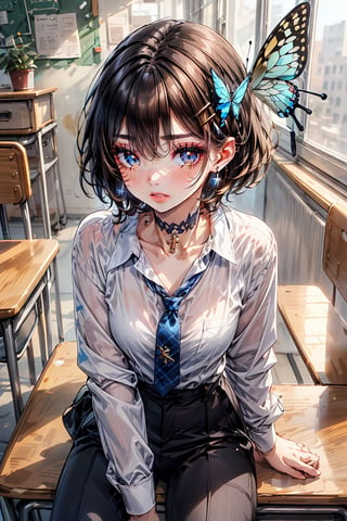 Masterpiece, highest quality, illustration, succubus princess, cute, cute, (portrait: 1), (close-up:1), 1 girl, solo, looking at viewer, blushing, smiling,


Her blue jewel-like eyes are so beautiful that you can almost be sucked into them.
Short hair, small braids (bangs are black and brown), hair between black and brown, holy cross hair ornament, shining blue cross hair ornament, blue cross clip, shiny inner hair (brown and blue) two-tone hair)

Accessories include gold and silver jewelry, x hair ornaments, and cross hair clips.
Butterfly earrings, butterfly & jewel choker (earrings & choker), (silk jet black lace choker), feminine black lace choker

Butterfly earrings, butterfly and jewel choker,
(Earrings and Chokers), A choker is a jet black lace choker accessory that resembles silk women's underwear or gold or silver jewelry.

short hair, bangs, blue eyes, brown hair, shirt, hair ornament, long sleeves, hair between the eyes, sitting, school uniform, jacket, white shirt, parted lips, tie, hair clip, collared shirt, pants, indoors, , medium hair, black jacket, plaid, window,
Plaid slacks, chair, black pants, blazer, hair ornament, blue tie, desk, school desk