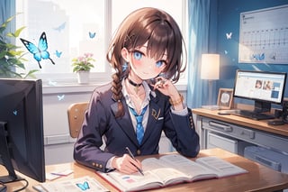 Masterpiece, highest quality, wonderful cute illustration, succubus princess, beautiful, aesthetic and cute, one girl, solo, looking at camera, blushing, half-beautiful girl's smile,
break,
(The background is the school's broadcasting room). Across the glass from the recording studio is the school's cafeteria, where there are several students.

Her jewel-like blue eyes are so beautiful that you can almost be drawn into them.
Short hair, small braids (bangs are black and brown), hair between black and brown, holy cross hair ornament, shining blue cross hair ornament, blue cross clip, shiny inner hair (brown and blue) )'s two-tone hair)
break,
Accessories include gold and silver jewelry, x hair ornaments, and cross hair clips.
Butterfly earrings, butterfly & jewel choker (earrings & choker), (silk jet black lace choker), feminine black lace choker
break,
Butterfly earrings, butterfly and jewel choker,
(Earrings/Choker) A choker is a jet black lace choker accessory that is reminiscent of silk women's underwear or gold and silver jewelry.
break,
(Decorating a beautiful girl in pants with flowers:1), sitting, taking notes, (researching on a smartphone),(smartphone:1)
Dark blue blazer school uniform, jacket, white shirt, upper body, tie, choker, sun, hair clip, collared shirt, indoors, bracelet, two-tone hair, open jacket, black jacket, book, window, black choker, chair, ring , blazer, butterfly, desk, blue tie, colored inner fur, pen, classroom, blue butterfly