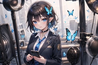 Masterpiece, highest quality, lovely and cute illustration, succubus princess, beautiful, aesthetic and cute, only daughter, solo, looking at the camera, blushing, smiling half-beautiful woman,
Break,
(The background is the school's broadcasting room. Behind the glass of the recording studio is the school cafeteria, where several students are:1), a large microphone for radio recording, a girl is broadcasting on the school's campus,

Her jewel-like blue eyes are so beautiful that they seem to draw you in.
Short hair, (black and brown bangs), black and brown medium hair, holy cross hair ornament, shiny blue cross hair ornament, blue cross clip, two-tone hair with shiny inner hair (brown and blue),
Break,
Accessories include gold and silver jewelry, x hair ornament, and cross hair clip.
Butterfly earrings, butterfly and jeweled choker, (silk jet black lace choker), feminine black lace choker
break,
(beautiful girl in trousers, uniform slacks decorated with flowers: 1), sit, take notes, (check on smartphone), (smartphone: 1)
navy blue blazer uniform jacket, white shirt and tie, collared shirt, open jacket, blue butterfly