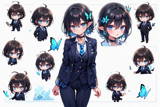 Highest quality (Chibi character character reference sheet: 1.2), (2-headed character: 1.1) (4 views: 1.1), (Mini character 4 panels: 0.9), (Chibi character facial expression variations: 1.1), (Chibi character 4 types: 1), White background


（Background, panorama of a winding journey through forests and hills, arriving at a plateau like a hidden jewel that unfolds like a secret world above the clouds.)
Her blue jewel-like eyes are so beautiful they draw you in.
Large breasts, 
(beautiful pointed ears hidden by hair: 0.9),

(1 female, solo), smile, short hair, bangs, jewel blue eyes, hair ornament, long sleeves, hair between the eyes, school uniform, jacket, white shirt, (light brown black hair) cross earrings blue or shiny , open clothes, lace choker with cross, stripes, collared shirt, pants, (dark blue uniform with open jacket), dress shirt, checked pants, slightly shiny hair waves, uniform blazer, fluttering butterfly, blue tie, cross Hairpin, butterfly hair ornament, hidden shirt, striped blue tie, blue butterfly, (plaid uniform pants), (night), background Dining room at night,
break,
(Cute sitting model pose), (hand between legs: 1.2), (leaning forward: 1), (cowboy shot: 1.4), (from the front), (from diagonally in front: 1.3), staring) Observer: 1.4), (upward gaze: 1.2),
break,
(Underwear: 1.3), (Black stockings: 1.2), High heels,
break,
(Standing: 1.3), dynamic pose,
break,
(blush: 1.2), (smile: 1.3),
break,
(Whole body: 0.4), (From the side: 1.2), (Profile: 0.6), (From the front: 1.4),
break,
(Closet room with lots of clothes: 1.4),
break,
dynamic angle,

(Pale and vivid colors: 0.6), (Real: 0.6), (Ultra wide-angle shooting: 0.6), (White background: 0.6),virgin destroyer sweater