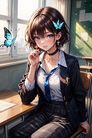 Masterpiece, highest quality, illustration, succubus princess, cute, cute, (portrait: 1), (close-up:1), 1 girl, solo, looking at viewer, blushing, smiling,


Her blue jewel-like eyes are so beautiful that you can almost be sucked into them.
Short hair, small braids (bangs are black and brown), hair between black and brown, holy cross hair ornament, shining blue cross hair ornament, blue cross clip, shiny inner hair (brown and blue) two-tone hair)

Accessories include gold and silver jewelry, x hair ornaments, and cross hair clips.
Butterfly earrings, butterfly & jewel choker (earrings & choker), (silk jet black lace choker), feminine black lace choker

Butterfly earrings, butterfly and jewel choker,
(Earrings and Chokers), A choker is a jet black lace choker accessory that resembles silk women's underwear or gold or silver jewelry.

short hair, bangs, blue eyes, brown hair, shirt, hair ornament, long sleeves, hair between the eyes, sitting, school uniform, jacket, white shirt, parted lips, tie, hair clip, collared shirt, pants, indoors, , medium hair, black jacket, plaid, window,
Plaid slacks, chair, black pants, blazer, hair ornament, blue tie, desk, school desk