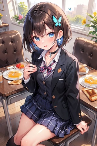 Masterpiece, highest quality, illustration, succubus princess, cute, cute, (portrait: 0.9), (close-up: 0.9), 1 girl, solo, looking at camera, blushing, smiling,
break,
(1 female, solo: 1.4),
break,
(Breakfast, a 17-year-old beautiful girl's dining table, a cute breakfast that looks good in her school uniform: 1.3), (surrounded by flowers), the background is breakfast in a person's living room,

,(closed shirt and thin chest),(boyish beauty is beautiful like a boy),
(Slightly pointed beautiful ears: 0.7),
(Short hair, beautiful shiny black hair, dark brown hair: 1.3), (Two-tone hair with light blue inside: 0.7)

Cross hairpin, (jewel-like blue eyes), blue butterfly hair ornament, beautiful eyes,
Lace choker, wide frills, cross (shiny blue), blue dyed hair, blue butterflies flying around.
,
cross hairpin,
blue eyes,
Magical eyes like blue jewels), blue butterfly hair ornaments, beautiful eyes,
lace choker, wide frill)
A cross (shiny blue) shines on the choker, the cross earrings glow blue and dye her hair, and blue butterflies fly around.
break,
, (blazer uniform, blue tie, beautiful legs in checkered pants), checkered blazer uniform and pure white shirt (closed shirt collar and boy's uniform tie), holy high school girl reminiscent of Sister Nun, beautiful legs, brown leather shoes,
(sensual pose),
break,
(Liar's blush:), (Devil's embarrassed face:), (evil smile), (opens mouth), (closes eyes),
break,

break,
(Vivid colors), (Realistic colors), (Transparent colors), (Shiny colors),