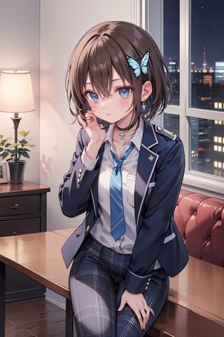 Masterpiece, Best Quality, 2020 Anime, Succubus Queen, 
(1 female, solo), smile, short hair, bangs, jewel blue eyes, hair ornament, long sleeves, hair between the eyes, school uniform, jacket, white shirt, (light brown black hair) cross earrings blue or shiny , open clothes, lace choker with cross, stripes, collared shirt, pants, (dark blue uniform with open jacket), dress shirt, checked pants, slightly shiny hair waves, uniform blazer, fluttering butterfly, blue tie, cross Hairpin, butterfly hair ornament, hidden shirt, striped blue tie, blue butterfly, (plaid uniform pants), (night), background Dining room at night,
break,
(Cute sitting model pose), (hand between legs: 1.2), (leaning forward: 1), (cowboy shot: 1.4), (from the front), (from diagonally in front: 1.3), staring) Observer: 1.4), (upward gaze: 1.2),
break,
(Underwear: 1.3), (Black stockings: 1.2), High heels,
break,
(Standing: 1.3), dynamic pose,
break,
(blush: 1.2), (smile: 1.3),
break,
(Whole body: 0.4), (From the side: 1.2), (Profile: 0.6), (From the front: 1.4),
break,
(Closet room with lots of clothes: 1.4),
break,
dynamic angle,
break,
(Pale and vivid colors: 0.6), (Real: 0.6), (Ultra wide-angle shooting: 0.6), (White background: 0.6),virgin destroyer sweater