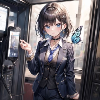 Masterpiece, highest quality, lovely and cute illustration, succubus princess, beautiful, aesthetic and cute, only daughter, solo, looking at the camera, blushing, smiling half-beautiful woman,
Break,
(The background is the school's broadcasting room. Behind the glass of the recording studio is the school cafeteria, where several students are:1), a large microphone for radio recording, a girl is broadcasting on the school's campus,

Her jewel-like blue eyes are so beautiful that they seem to draw you in.
Short hair, (black and brown bangs), black and brown medium hair, holy cross hair ornament, shiny blue cross hair ornament, blue cross clip, two-tone hair with shiny inner hair (brown and blue),
Break,
Accessories include gold and silver jewelry, x hair ornament, and cross hair clip.
Butterfly earrings, butterfly and jeweled choker, (silk jet black lace choker), feminine black lace choker
break,
(beautiful girl in trousers, uniform slacks decorated with flowers: 1), sit, take notes, (check on smartphone), (smartphone: 1)
navy blue blazer uniform jacket, white shirt and tie, collared shirt, open jacket, blue butterfly