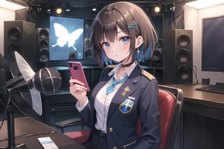 Masterpiece, highest quality, lovely and cute illustration, succubus princess, beautiful, aesthetic and cute, only daughter, solo, looking at the camera, blushing, smiling half-beautiful woman,
Break,
(The background is the school's broadcasting room. Behind the glass of the recording studio is the school cafeteria, where several students are:1), a large microphone for radio recording, a girl is broadcasting on the school's campus,

Her jewel-like blue eyes are so beautiful that they seem to draw you in.
Short hair, (black and brown bangs), black and brown medium hair, holy cross hair ornament, shiny blue cross hair ornament, blue cross clip, two-tone hair with shiny inner hair (brown and blue),
Break,
Accessories include gold and silver jewelry, x hair ornament, and cross hair clip.
Butterfly earrings, butterfly and jeweled choker, (silk jet black lace choker), feminine black lace choker
break,
(beautiful girl in trousers, uniform slacks decorated with flowers: 1), sit, take notes, (check on smartphone), (smartphone: 1)
navy blue blazer uniform jacket, white shirt and tie, collared shirt, open jacket, blue butterfly