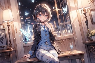 Masterpiece, Best Quality, 2020 Anime, Succubus Queen, 
(1 female, solo), smile, short hair, bangs, jewel blue eyes, hair ornament, long sleeves, hair between the eyes, school uniform, jacket, white shirt, (light brown black hair) cross earrings blue or shiny , open clothes, lace choker with cross, stripes, collared shirt, pants, (dark blue uniform with open jacket), dress shirt, checked pants, slightly shiny hair waves, uniform blazer, fluttering butterfly, blue tie, cross Hairpin, butterfly hair ornament, hidden shirt, striped blue tie, blue butterfly, (plaid uniform pants), (night), background Dining room at night,
break,
(Cute sitting model pose), (hand between legs: 1.2), (leaning forward: 1), (cowboy shot: 1.4), (from the front), (from diagonally in front: 1.3), staring) Observer: 1.4), (upward gaze: 1.2),
break,
(Underwear: 1.3), (Black stockings: 1.2), High heels,
break,
(Standing: 1.3), dynamic pose,
break,
(blush: 1.2), (smile: 1.3),
break,
(Whole body: 0.4), (From the side: 1.2), (Profile: 0.6), (From the front: 1.4),
break,
(Closet room with lots of clothes: 1.4),
break,
dynamic angle,
break,
(Pale and vivid colors: 0.6), (Real: 0.6), (Ultra wide-angle shooting: 0.6), (White background: 0.6),virgin destroyer sweater