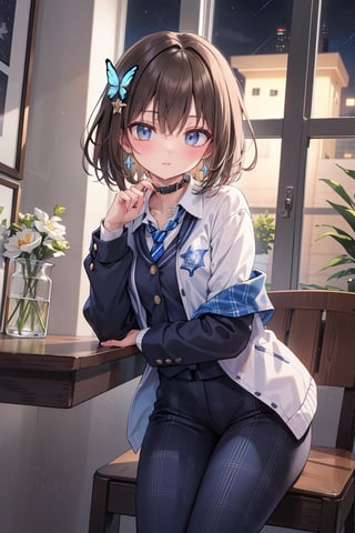 Masterpiece, Best Quality, 2020 Anime, Succubus Queen, 
(1 female, solo), smile, short hair, bangs, jewel blue eyes, hair ornament, long sleeves, hair between the eyes, school uniform, jacket, white shirt, (light brown black hair) cross earrings blue or shiny , open clothes, lace choker with cross, stripes, collared shirt, pants, (dark blue uniform with open jacket), dress shirt, checked pants, slightly shiny hair waves, uniform blazer, fluttering butterfly, blue tie, cross Hairpin, butterfly hair ornament, hidden shirt, striped blue tie, blue butterfly, (plaid uniform pants), (night), background Dining room at night,
break,
(Cute sitting model pose), (hand between legs: 1.2), (leaning forward: 1), (cowboy shot: 1.4), (from the front), (from diagonally in front: 1.3), staring) Observer: 1.4), (upward gaze: 1.2),
break,
(Underwear: 1.3), (Black stockings: 1.2), High heels,
break,
(Standing: 1.3), dynamic pose,
break,
(blush: 1.2), (smile: 1.3),
break,
(Whole body: 0.4), (From the side: 1.2), (Profile: 0.6), (From the front: 1.4),
break,
(Closet room with lots of clothes: 1.4),
break,
dynamic angle,
break,
(Pale and vivid colors: 0.6), (Real: 0.6), (Ultra wide-angle shooting: 0.6), (White background: 0.6),virgin destroyer sweater