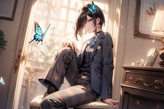 Masterpiece, Best Quality, 2020 Anime, Succubus Queen, 
(1 female, solo), smile, short hair, bangs, jewel blue eyes, hair ornament, long sleeves, hair between the eyes, school uniform, jacket, white shirt, (light brown black hair) cross earrings blue or shiny , open clothes, lace choker with cross, stripes, collared shirt, pants, (dark blue uniform with open jacket), dress shirt, checked pants, slightly shiny hair waves, uniform blazer, fluttering butterfly, blue tie, cross Hairpin, butterfly hair ornament, hidden shirt, striped blue tie, blue butterfly, (plaid uniform pants), (night), background Dining room at night,
break,
(Cute sitting model pose), (hand between legs: 1.2), (leaning forward: 1), (cowboy shot: 1.4), (from the front), (from diagonally in front: 1.3), staring) Observer: 1.4), (upward gaze: 1.2),
break,
(Underwear: 1.3), (Black stockings: 1.2), High heels,
break,
(Standing: 1.3), dynamic pose,
break,
(blush: 1.2), (smile: 1.3),
break,
(Whole body: 0.4), (From the side: 1.2), (Profile: 0.6), (From the front: 1.4),
break,
(Closet room with lots of clothes: 1.4),
break,
dynamic angle,
break,
(Pale and vivid colors: 0.6), (Real: 0.6), (Ultra wide-angle shooting: 0.6), (White background: 0.6),virgin destroyer sweater