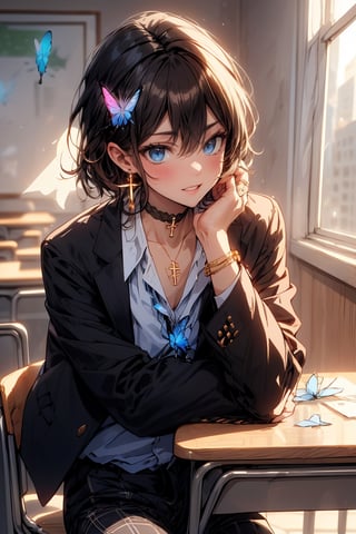 Masterpiece, highest quality, illustration, succubus princess, cute, cute, (portrait: 1), (close-up:1), 1 girl, solo, looking at viewer, blushing, smiling,


Her blue jewel-like eyes are so beautiful that you can almost be sucked into them.
Short hair, small braids (bangs are black and brown), hair between black and brown, holy cross hair ornament, shining blue cross hair ornament, blue cross clip, shiny inner hair (brown and blue) two-tone hair)

Accessories include gold and silver jewelry, x hair ornaments, and cross hair clips.
Butterfly earrings, butterfly & jewel choker (earrings & choker), (silk jet black lace choker), feminine black lace choker

Butterfly earrings, butterfly and jewel choker,
(Earrings and Chokers), A choker is a jet black lace choker accessory that resembles silk women's underwear or gold or silver jewelry.

short hair, bangs, blue eyes, brown hair, shirt, hair ornament, long sleeves, hair between the eyes, sitting, school uniform, jacket, white shirt, parted lips, tie, hair clip, collared shirt, pants, indoors, , medium hair, black jacket, plaid, window,
Plaid slacks, chair, black pants, blazer, hair ornament, blue tie, desk, school desk