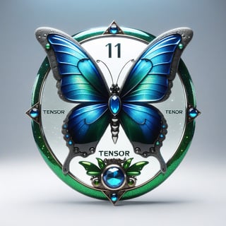 Creates a modern badge made of glass with a blue butterfly. ((text is "1 TENSOR ART")),high definition, futuristic, aesthetic, beautiful, green hair succubus, sparkly, cyborg style