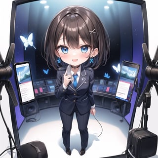 Best quality, (2 heads:1.2), (white background: 1), (full body standing:1), (chibi character in motion:1.1), (full body from feet of 2 heads:1)


beautiful, aesthetic and cute, only daughter, solo, looking at the camera, blushing, smiling half-beautiful woman,
Break,
(The background is the school's broadcasting room. Behind the glass of the recording studio is the school cafeteria, where several students are:1), a large microphone for radio recording, a girl is broadcasting on the school's campus,

Her jewel-like blue eyes are so beautiful that they seem to draw you in.
Short hair, (black and brown bangs), black and brown medium hair, holy cross hair ornament, shiny blue cross hair ornament, blue cross clip, two-tone hair with shiny inner hair (brown and blue),
Break,
Accessories include gold and silver jewelry, x hair ornament, and cross hair clip.
Butterfly earrings, butterfly and jeweled choker, (silk jet black lace choker), feminine black lace choker
break,
(beautiful girl in trousers, uniform slacks decorated with flowers: 1), sit, take notes, (check on smartphone), (smartphone: 1)
navy blue blazer uniform jacket, white shirt and tie, collared shirt, open jacket, blue butterfly