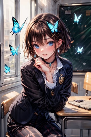 Masterpiece, highest quality, illustration, succubus princess, cute, cute, (portrait: 1), (close-up:1), 1 girl, solo, looking at viewer, blushing, smiling,
(Sensual gestures:1.3), ((Undressing:0.5)), (((Buruma)))

Her blue jewel-like eyes are so beautiful that you can almost be sucked into them.
Short hair, small braids (bangs are black and brown), hair between black and brown, holy cross hair ornament, shining blue cross hair ornament, blue cross clip, shiny inner hair (brown and blue) two-tone hair)

Accessories include gold and silver jewelry, x hair ornaments, and cross hair clips.
Butterfly earrings, butterfly & jewel choker (earrings & choker), (silk jet black lace choker), feminine black lace choker

Butterfly earrings, butterfly and jewel choker,
(Earrings and Chokers), A choker is a jet black lace choker accessory that resembles silk women's underwear or gold or silver jewelry.

short hair, bangs, blue eyes, brown hair, shirt, hair ornament, long sleeves, hair between the eyes, sitting, school uniform, jacket, white shirt, parted lips, tie, hair clip, collared shirt, pants, indoors, , medium hair, black jacket, plaid, window,
Plaid slacks, chair, black pants, blazer, hair ornament, blue tie, desk, school desk