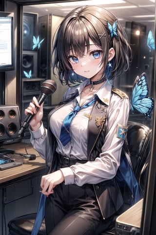Masterpiece, highest quality, lovely and cute illustration, succubus princess, beautiful, aesthetic and cute, only daughter, solo, looking at the camera, blushing, smiling half-beautiful woman,
Break,
(The background is the school's broadcasting room. Behind the glass of the recording studio is the school cafeteria, where several students are:1), a large microphone for radio recording, a girl is broadcasting on the school's campus,

Her jewel-like blue eyes are so beautiful that they seem to draw you in.
Short hair, (black and brown bangs), black and brown medium hair, holy cross hair ornament, shiny blue cross hair ornament, blue cross clip, two-tone hair with shiny inner hair (brown and blue),
Break,
Accessories include gold and silver jewelry, x hair ornament, and cross hair clip.
Butterfly earrings, butterfly and jeweled choker, (silk jet black lace choker), feminine black lace choker
break,
(beautiful girl in trousers, uniform slacks decorated with flowers: 1), sit, take notes, (check on smartphone), (smartphone: 1)
navy blue blazer uniform jacket, white shirt and tie, collared shirt, open jacket, blue butterfly