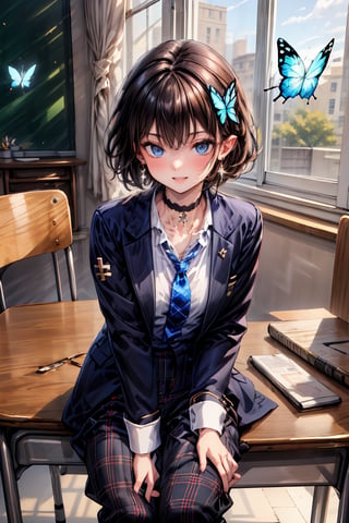 Masterpiece, highest quality, illustration, succubus princess, cute, cute, (portrait: 1), (close-up:1), 1 girl, solo, looking at viewer, blushing, smiling,


Her blue jewel-like eyes are so beautiful that you can almost be sucked into them.
Short hair, small braids (bangs are black and brown), hair between black and brown, holy cross hair ornament, shining blue cross hair ornament, blue cross clip, shiny inner hair (brown and blue) two-tone hair)

Accessories include gold and silver jewelry, x hair ornaments, and cross hair clips.
Butterfly earrings, butterfly & jewel choker (earrings & choker), (silk jet black lace choker), feminine black lace choker

Butterfly earrings, butterfly and jewel choker,
(Earrings and Chokers), A choker is a jet black lace choker accessory that resembles silk women's underwear or gold or silver jewelry.

short hair, bangs, blue eyes, brown hair, shirt, hair ornament, long sleeves, hair between the eyes, sitting, school uniform, jacket, white shirt, parted lips, tie, hair clip, collared shirt, pants, indoors, , medium hair, black jacket, plaid, window,
Plaid slacks, chair, black pants, blazer, hair ornament, blue tie, desk, school desk