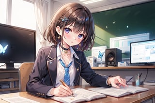 Masterpiece, highest quality, wonderful cute illustration, succubus princess, beautiful, aesthetic and cute, one girl, solo, looking at camera, blushing, half-beautiful girl's smile,
break,
(The background is the school's broadcasting room). Across the glass from the recording studio is the school's cafeteria, where there are several students.

Her jewel-like blue eyes are so beautiful that you can almost be drawn into them.
Short hair, small braids (bangs are black and brown), hair between black and brown, holy cross hair ornament, shining blue cross hair ornament, blue cross clip, shiny inner hair (brown and blue) )'s two-tone hair)
break,
Accessories include gold and silver jewelry, x hair ornaments, and cross hair clips.
Butterfly earrings, butterfly & jewel choker (earrings & choker), (silk jet black lace choker), feminine black lace choker
break,
Butterfly earrings, butterfly and jewel choker,
(Earrings/Choker) A choker is a jet black lace choker accessory that is reminiscent of silk women's underwear or gold and silver jewelry.
break,
(Decorating a beautiful girl in pants with flowers:1), sitting, taking notes, (researching on a smartphone),(smartphone:1)
Dark blue blazer school uniform, jacket, white shirt, upper body, tie, choker, sun, hair clip, collared shirt, indoors, bracelet, two-tone hair, open jacket, black jacket, book, window, black choker, chair, ring , blazer, butterfly, desk, blue tie, colored inner fur, pen, classroom, blue butterfly