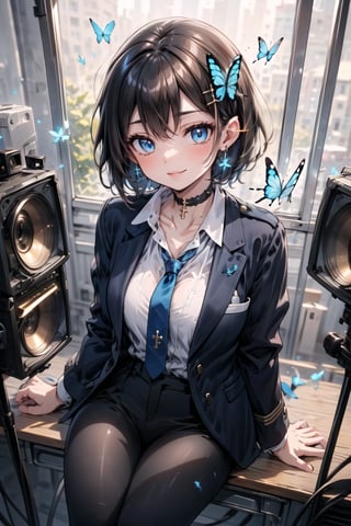 Masterpiece, highest quality, lovely and cute illustration, succubus princess, beautiful, aesthetic and cute, only daughter, solo, looking at the camera, blushing, smiling half-beautiful woman,
Break,
(The background is the school's broadcasting room. Behind the glass of the recording studio is the school cafeteria, where several students are:1), a large microphone for radio recording, a girl is broadcasting on the school's campus,

Her jewel-like blue eyes are so beautiful that they seem to draw you in.
Short hair, (black and brown bangs), black and brown medium hair, holy cross hair ornament, shiny blue cross hair ornament, blue cross clip, two-tone hair with shiny inner hair (brown and blue),
Break,
Accessories include gold and silver jewelry, x hair ornament, and cross hair clip.
Butterfly earrings, butterfly and jeweled choker, (silk jet black lace choker), feminine black lace choker
break,
(beautiful girl in trousers, uniform slacks decorated with flowers: 1), sit, take notes, (check on smartphone), (smartphone: 1)
navy blue blazer uniform jacket, white shirt and tie, collared shirt, open jacket, blue butterfly,black devil's tail