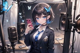 Masterpiece, highest quality, lovely and cute illustration, succubus princess, beautiful, aesthetic and cute, only daughter, solo, looking at the camera, blushing, smiling half-beautiful woman,
Break,
(The background is the school's broadcasting room. Behind the glass of the recording studio is the school cafeteria, where several students are:1), a large microphone for radio recording, a girl is broadcasting on the school's campus,

Her jewel-like blue eyes are so beautiful that they seem to draw you in.
Short hair, (black and brown bangs), black and brown medium hair, holy cross hair ornament, shiny blue cross hair ornament, blue cross clip, two-tone hair with shiny inner hair (brown and blue),
Break,
Accessories include gold and silver jewelry, x hair ornament, and cross hair clip.
Butterfly earrings, butterfly and jeweled choker, (silk jet black lace choker), feminine black lace choker
break,
(beautiful girl in trousers, uniform slacks decorated with flowers: 1), sit, take notes, (check on smartphone), (smartphone: 1)
navy blue blazer uniform jacket, white shirt and tie, collared shirt, open jacket, blue butterfly