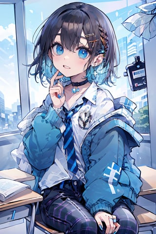 Masterpiece, highest quality, illustration, succubus princess, cute, cute, (portrait: 1), (close-up:1), 1 girl, solo, looking at viewer, blushing, smiling,


Her blue jewel-like eyes are so beautiful that you can almost be sucked into them.
Short hair, small braids (bangs are black and brown), hair between black and brown, holy cross hair ornament, shining blue cross hair ornament, blue cross clip, shiny inner hair (brown and blue) two-tone hair)

Accessories include gold and silver jewelry, x hair ornaments, and cross hair clips.
Butterfly earrings, butterfly & jewel choker (earrings & choker), (silk jet black lace choker), feminine black lace choker

Butterfly earrings, butterfly and jewel choker,
(Earrings and Chokers), A choker is a jet black lace choker accessory that resembles silk women's underwear or gold or silver jewelry.

short hair, bangs, blue eyes, brown hair, shirt, hair ornament, long sleeves, hair between the eyes, sitting, school uniform, jacket, white shirt, parted lips, tie, hair clip, collared shirt, pants, indoors, , medium hair, black jacket, plaid, window,
Plaid slacks, chair, black pants, blazer, hair ornament, blue tie, desk, school desk,1guy