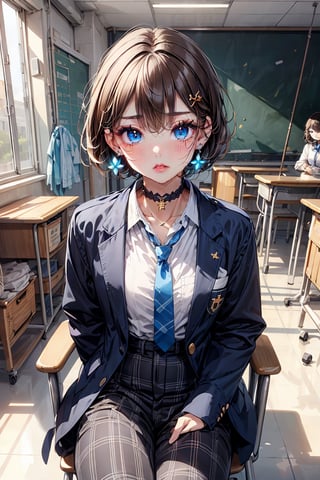Masterpiece, highest quality, illustration, succubus princess, cute, cute, (portrait: 1), (close-up:1), (((1 girl, solo))), looking at viewer, blushing, 

(Very short hair:1.4), boyish beautiful girl, (sensual gestures:1.3), ((undressing:0.5)),

Her blue jewel-like eyes are so beautiful that you can almost be sucked into them.
Short hair, small braids (bangs are black and brown), hair between black and brown, holy cross hair ornament, shining blue cross hair ornament, blue cross clip, shiny inner hair (brown and blue) two-tone hair)

Accessories include gold and silver jewelry, x hair ornaments, and cross hair clips.
Butterfly earrings, butterfly & jewel choker (earrings & choker), (silk jet black lace choker), feminine black lace choker

Butterfly earrings, butterfly and jewel choker,
(Earrings and Chokers), A choker is a jet black lace choker accessory that resembles silk women's underwear or gold or silver jewelry.

short hair, bangs, blue eyes, brown hair, shirt, hair ornament, long sleeves, hair between the eyes, sitting, school uniform, jacket, white shirt, parted lips, tie, hair clip, collared shirt, pants, indoors,, , black Blue jacket, plaid, window,
Plaid slacks, chair, check pants, blazer, hair ornament, blue necktie, (((school)))、Hallway, gym, during class, gym storeroom, girls' locker room, school hallway