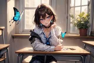 Masterpiece, highest quality, illustration, succubus princess, cute, cute, (portrait: 1), (close-up:1), 1 girl, solo, looking at viewer, blushing, smiling,


Her blue jewel-like eyes are so beautiful that you can almost be sucked into them.
Short hair, small braids (bangs are black and brown), hair between black and brown, holy cross hair ornament, shining blue cross hair ornament, blue cross clip, shiny inner hair (brown and blue) two-tone hair)

Accessories include gold and silver jewelry, x hair ornaments, and cross hair clips.
Butterfly earrings, butterfly & jewel choker (earrings & choker), (silk jet black lace choker), feminine black lace choker

Butterfly earrings, butterfly and jewel choker,
(Earrings and Chokers), A choker is a jet black lace choker accessory that resembles silk women's underwear or gold or silver jewelry.

short hair, bangs, blue eyes, brown hair, shirt, hair ornament, long sleeves, hair between the eyes, sitting, school uniform, jacket, white shirt, parted lips, tie, hair clip, collared shirt, pants, indoors, , medium hair, black jacket, plaid, window,
Plaid slacks, chair, black pants, blazer, hair ornament, blue tie, desk, school desk