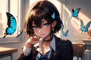 Masterpiece, highest quality, illustration, succubus princess, cute, cute, (portrait: 1), (close-up:1), 1 girl, solo, looking at viewer, blushing, smiling,


Her blue jewel-like eyes are so beautiful that you can almost be sucked into them.
Short hair, small braids (bangs are black and brown), hair between black and brown, holy cross hair ornament, shining blue cross hair ornament, blue cross clip, shiny inner hair (brown and blue) two-tone hair)

Accessories include gold and silver jewelry, x hair ornaments, and cross hair clips.
Butterfly earrings, butterfly & jewel choker (earrings & choker), (silk jet black lace choker), feminine black lace choker

Butterfly earrings, butterfly and jewel choker,
(Earrings and Chokers), A choker is a jet black lace choker accessory that resembles silk women's underwear or gold or silver jewelry.

short hair, bangs, blue eyes, brown hair, shirt, hair ornament, long sleeves, hair between the eyes, sitting, school uniform, jacket, white shirt, parted lips, tie, hair clip, collared shirt, pants, indoors, , medium hair, black jacket, plaid, window,
Plaid slacks, chair, black pants, blazer, hair ornament, blue tie, desk, school desk