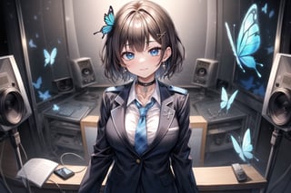 Masterpiece, highest quality, lovely and cute illustration, succubus princess, beautiful, aesthetic and cute, only daughter, solo, looking at the camera, blushing, smiling half-beautiful woman,
Break,
(The background is the school's broadcasting room. Behind the glass of the recording studio is the school cafeteria, where several students are:1), a large microphone for radio recording, a girl is broadcasting on the school's campus,

Her jewel-like blue eyes are so beautiful that they seem to draw you in.
Short hair, (black and brown bangs), black and brown medium hair, holy cross hair ornament, shiny blue cross hair ornament, blue cross clip, two-tone hair with shiny inner hair (brown and blue),
Break,
Accessories include gold and silver jewelry, x hair ornament, and cross hair clip.
Butterfly earrings, butterfly and jeweled choker, (silk jet black lace choker), feminine black lace choker
break,
(beautiful girl in trousers, uniform slacks decorated with flowers: 1), sit, take notes, (check on smartphone), (smartphone: 1)
navy blue blazer uniform jacket, white shirt and tie, collared shirt, open jacket, blue butterfly