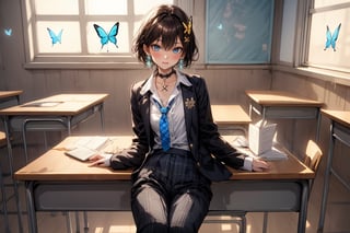 Masterpiece, highest quality, illustration, succubus princess, cute, cute, (portrait: 1), (close-up:1), 1 girl, solo, looking at viewer, blushing, smiling,


Her blue jewel-like eyes are so beautiful that you can almost be sucked into them.
Short hair, small braids (bangs are black and brown), hair between black and brown, holy cross hair ornament, shining blue cross hair ornament, blue cross clip, shiny inner hair (brown and blue) two-tone hair)

Accessories include gold and silver jewelry, x hair ornaments, and cross hair clips.
Butterfly earrings, butterfly & jewel choker (earrings & choker), (silk jet black lace choker), feminine black lace choker

Butterfly earrings, butterfly and jewel choker,
(Earrings and Chokers), A choker is a jet black lace choker accessory that resembles silk women's underwear or gold or silver jewelry.

short hair, bangs, blue eyes, brown hair, shirt, hair ornament, long sleeves, hair between the eyes, sitting, school uniform, jacket, white shirt, parted lips, tie, hair clip, collared shirt, pants, indoors, , medium hair, black jacket, plaid, window,
Plaid slacks, chair, black pants, blazer, hair ornament, blue tie, desk, school desk