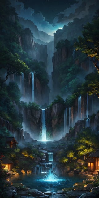 flower, outdoors, water, tree, book, pokemon \(creature\), no humans, night, glowing, nature, scenery, waterfall, fountain