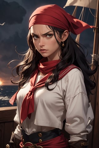 pirate ship, daylight, deck, upper_body, pirate:1.2 woman, sailor, tanned, long curly black hair, looking at viewer, intense, angry:1.3, red bandana, fantasy character, rpg, dnd, bard, masterpiece, best illustration, best shadows, best quality, detailed:1.2