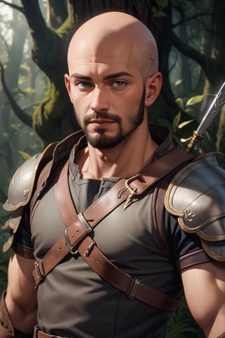 upper_body, 1boy, bald:1.2, leather armor, fantasy character, dagger at the side, rogue, dense fantasy forest, morning light, magical, masterpiece, best illustration, best shadows, best quality, detailed:1.2