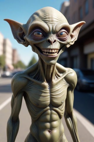 Hyper Realistic view ,8k photos,of a Hybrid alien,with super long teeth, holding his hands over his ears,on a nice bright sunny day,looking for a ride home,facing towards home,3D,Cartoon 