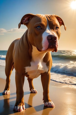 On sunlit sands, a pit bull queen, Her coat a canvas of golden sheen. Beneath the azure sky’s embrace, She cradles life with tender grace.
Four pups, their eyes like morning dew, Nestled close, their dreams anew. Their tiny hearts beat in sync, As waves kiss the shore, a rhythmic link.
The sun, a spotlight on this shore, Illuminates love forevermore. Her gaze, unwavering, meets the lens, A mother’s pride, a bond that transcends.
And as the waves whisper their tale, The pit bull’s joy, a vibrant sail, She nurses hope, a legacy true, In this photo-realistic view.