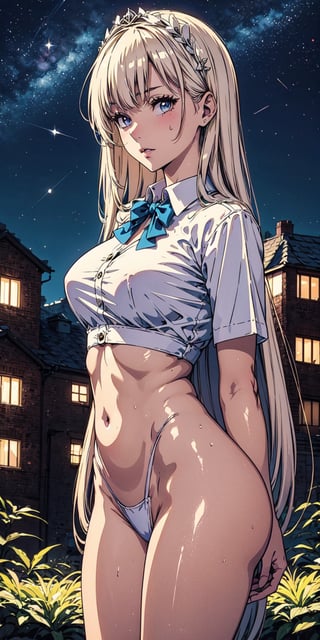 A serene masterpiece: an 18-year-old Italian girl, radiant in her school uniform, stands alone beneath a breathtakingly starry night sky. Her milky white skin glows softly, accentuating the beauty of her delicate features and striking eyes that shimmer like celestial bodies. The framing captures her gentle elegance, with the dark silhouette of buildings or trees subtly hinting at the urban backdrop.