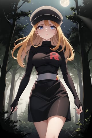 Serena's hypnotic trance induces a state of mind control, her orange locks illuminated by faint moonlight filtering through the dark forest canopy. Aiming for an unsettling atmosphere, her expressionless gaze pierces through the shadows as she sports parted lips. The black cabbie hat frames her features beneath short blonde bangs, casting a silhouette against the dark trees. Her sleek black dress with long sleeves and elbow gloves accentuates her confident posture, while the Grunt Team Rocket emblem glows softly in the moonlit ambiance. In slow motion, her zombie-like walk sends a shiver down the spine, exuding an aura of quiet authority and mystique as she moves through the dark forest.