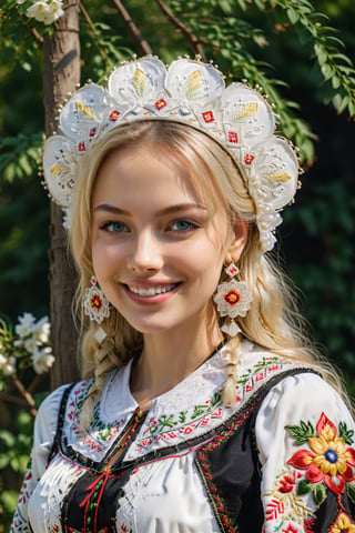 1girl, Beautiful young woman, blonde, smiling, (in beautiful Ukrainian national costume embroidery ornament white, black), sunny day, botanical garden, realistic
