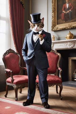 In this scene, we see an unusually tall cat, standing at a height comparable to that of a human, dressed in a suit that fits impeccably. The cat's suit may be dark in color, possibly custom-tailored to suit its figure. Its attire may include a shirt, a tie, and a stylish hat.

The suit on the cat exudes an air of maturity and elegance, contrasting sharply with its usual agile demeanor. Its gaze may appear wise and profound, as if possessing extraordinary wisdom.

In this scene, the cat's paw may be holding a cigar, symbolizing taste and sophistication. It may be seated in an ornate chair or standing in a luxurious room, surrounded by lavish and noble decorations that complement the cat's image.

The entire scene is filled with a peculiar yet captivating atmosphere, showcasing a blend of whimsy and imagination, evoking wonder at the mysterious allure and boundless potential of the cat.