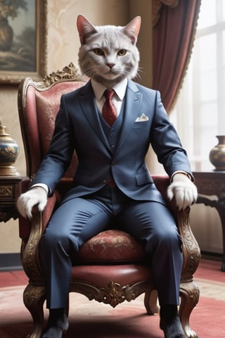 In this scene, we see an unusually tall cat, standing at a height comparable to that of a human, dressed in a suit that fits impeccably. The cat's suit may be dark in color, possibly custom-tailored to suit its figure. Its attire may include a shirt, a tie, and a stylish hat.

The suit on the cat exudes an air of maturity and elegance, contrasting sharply with its usual agile demeanor. Its gaze may appear wise and profound, as if possessing extraordinary wisdom.

In this scene, the cat's paw may be holding a cigar, symbolizing taste and sophistication. It may be seated in an ornate chair or standing in a luxurious room, surrounded by lavish and noble decorations that complement the cat's image.

The entire scene is filled with a peculiar yet captivating atmosphere, showcasing a blend of whimsy and imagination, evoking wonder at the mysterious allure and boundless potential of the cat.,anthro,WhiteWolf,Godzilla,Chinese Zodiac
