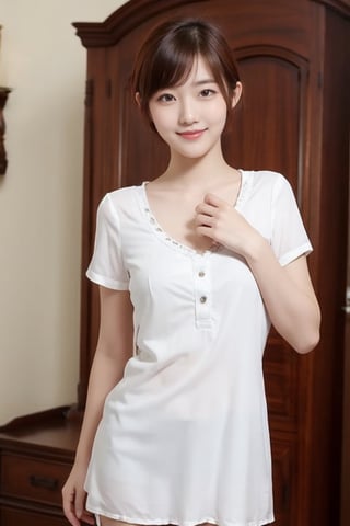 Petite 18 year old girl, full body photo, short red hair, pixie cut, soft smile, sexy, white cotton nightie, innocent, tease