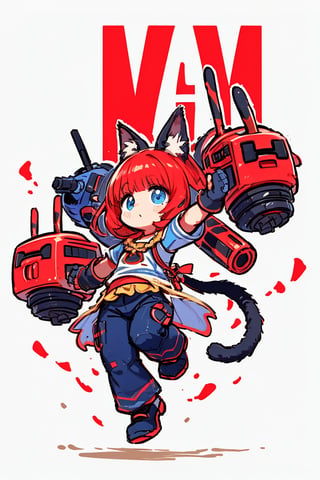 ((top-quality, 8K, masterpiece:1.3)), a moe chubby mecha cat girl, robot arms, white clothes, blue background, kicking pose,