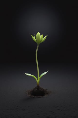 blank pure lightblack backround with one  sprouting seed on the ground at the bottom of the picture, blooming flower，with a thin root system,photorealistic，

minimalist hologram