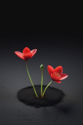 blank pure lightblack backround with one  sprouting seed on the ground at the bottom of the picture, 2 red blooming flowers，with a thin root system,photorealistic，

minimalist hologram