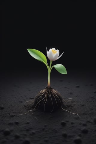 blank pure lightblack backround with one  sprouting seed on the ground at the bottom of the picture, blooming flower，with a thin root system,photorealistic，

minimalist hologram