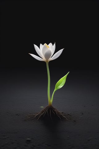 blank pure lightblack backround with one  sprouting seed on the ground at the bottom of the picture, blooming flower，with a thin root system,photorealistic，

minimalist hologram