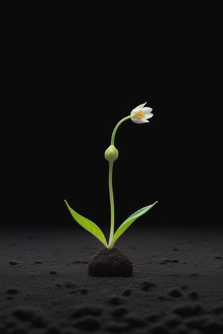 blank pure lightblack backround with one  sprouting seed on the ground at the bottom of the picture, 2 blooming flowers，with a thin root system,photorealistic，

minimalist hologram