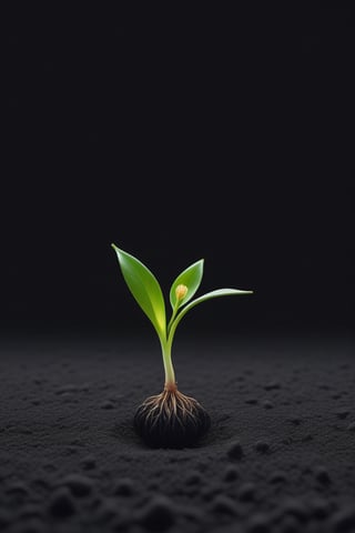 blank pure lightblack backround with one  sprouting seed on the ground at the bottom of the picture, blooming flower，with a thin root system,photorealistic，

minimalist hologram